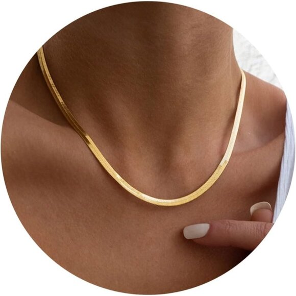 ⚡Snake Chain Herringbone Necklace For Women Gold Filled 14K Gold Silver Plated - Picture 1 of 7